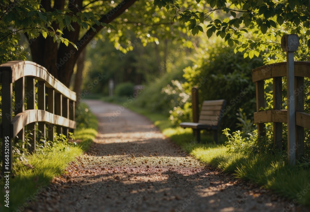Poster serene forest trail with a wooden bridge and a resting bench along the path