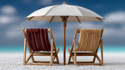 Seaside Relaxation: Two inviting chairs sit beneath an umbrella on a pristine shore, offering a scene of tranquility and repose, perfect for vacation and idyllic getaway.