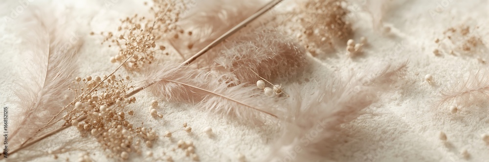 Poster closeup of soft beige feathers and dried flowers creating a delicate and fluffy texture on a neutral