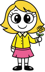 Cartoon girl holding yellow rose, cheerful child character in pink skirt, cute vector illustration for kids, education, spring theme