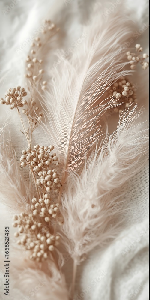 Poster vertical closeup of soft beige feathers and dried flowers creating a delicate and fluffy texture on 