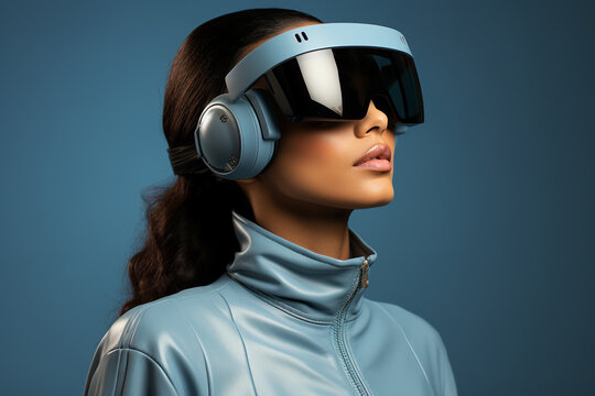 Woman with futuristic virtual reality headset and headphones