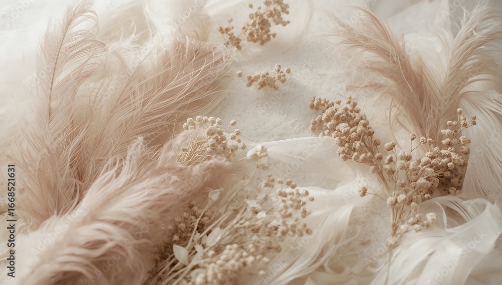 Poster closeup of soft beige feathers and dried flowers creating a delicate and fluffy texture on a neutral