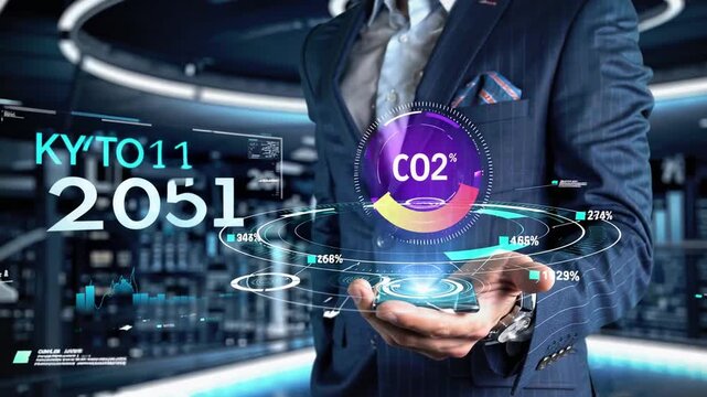 man holding carbon dioxide reduction symbol with digital loading animation for lowering CO2, environmental impact, and carbon allowance to mitigate climate change