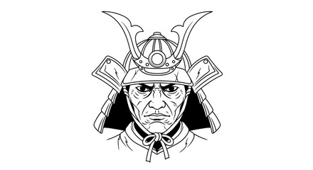 samurai warrior illustration, black and white, line art, japanese armor, helmet, kabuto, face, strong