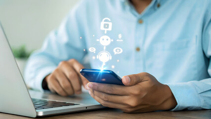 Mobile security with AI chatbot protects your data, a smart phone with a laptop on the desk,...