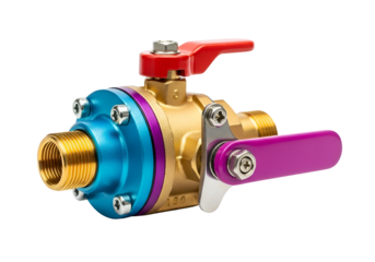 A close-up view of a colorful ball valve, featuring vibrant teal and gold components, with contrasting purple and red handles.
