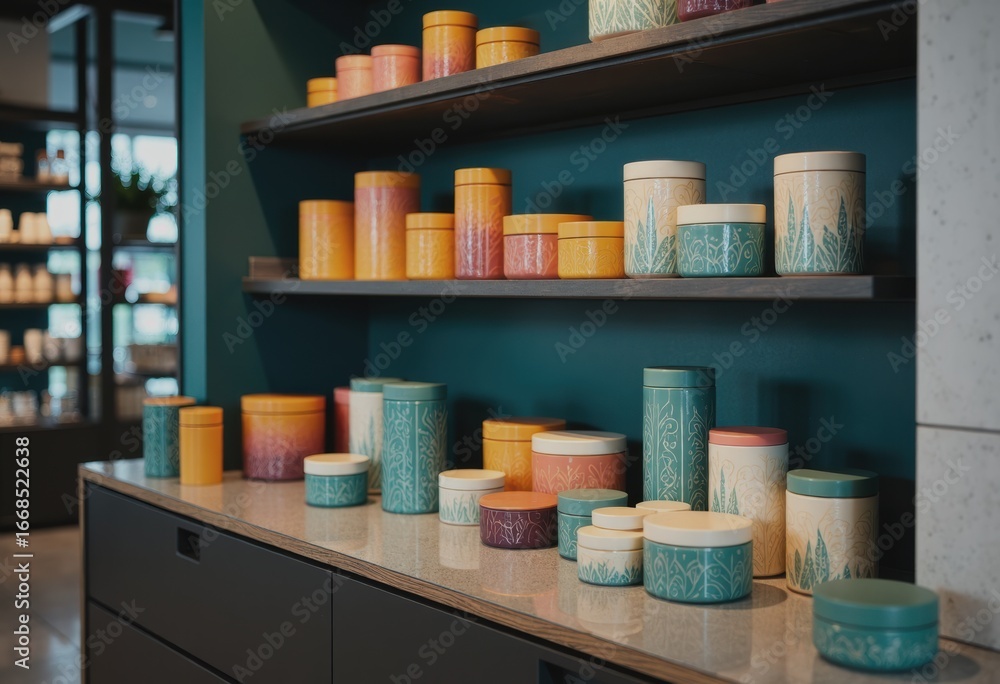 Poster retail shelf end display featuring colorful decorative containers and brackets