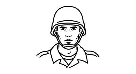 Obraz premium serious soldier portrait military man in helmet, line art illustration