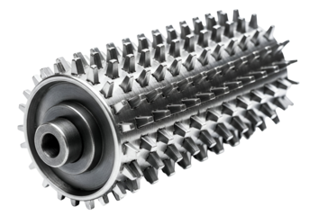 A detailed close-up view of a complex metallic cylindrical gear system with intricate interlocking components.