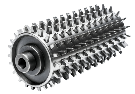 A detailed close-up view of a complex metallic cylindrical gear system with intricate interlocking components.