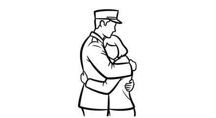 soldier and loved one embrace tender reunion, military farewell, line art