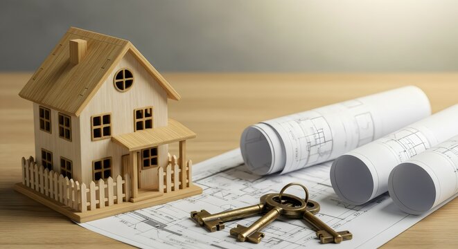 a small wooden model of a house, a set of house keys, and rolled-up architectural blueprints on a wooden desk