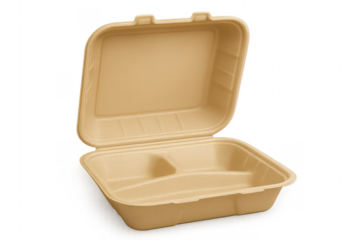 Opened biodegradable disposable food container with transparent background