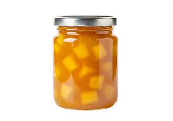 A clear glass jar filled with vibrant orange mango preserves, showcasing diced fruit pieces in a glistening, smooth jam.