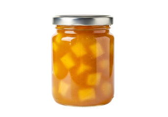 A clear glass jar filled with vibrant orange mango preserves, showcasing diced fruit pieces in a glistening, smooth jam.