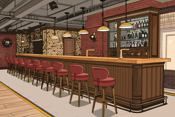 Retro Bar Interior With Bold Stools And Woo High-Quality Stock Image Ideal for Marketing