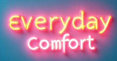 Bright neon sign displays text Everyday Comfort. Pink, orange glow contrasts dark background. Simple, modern aesthetic.