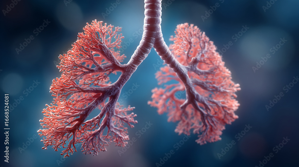 Aufkleber close up view of a human lung structure with intricate branching on a blue background