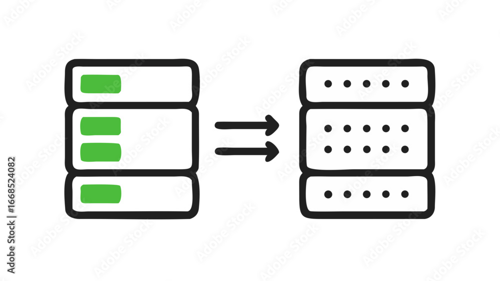 Poster database migration process illustrated with arrows showing data transfer between servers, a clear co