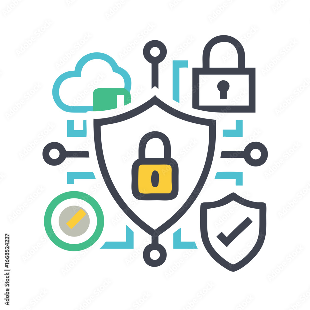 Poster cybersecurity shield with lock and cloud protection, ensuring data security and safe online access t