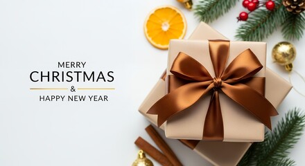 Christmas and New Year celebration with gifts pine branches dried orange slices cinnamon sticks and golden baubles on a white background presents holiday