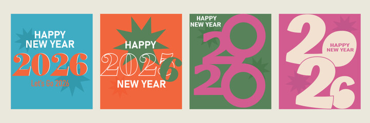 Set of 2026 Happy New Year logo text design on colorful background. 2026 number design template for card, cover, poster, greetings, flyers, and packaging colorful background.