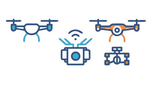Drone icon set featuring various drone designs, camera, and remote control technology for aerial photography and surveillance
