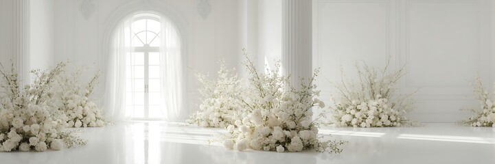 A bright and elegant interior featuring white flowers, perfect for wedding backdrops and decorative floral arrangements in a spacious room