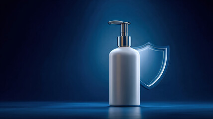 Sleek, realistic body lotion pump bottle stands against deep blue background, exuding sense of protection and elegance. design emphasizes simplicity and modernity, making it ideal for skincare
