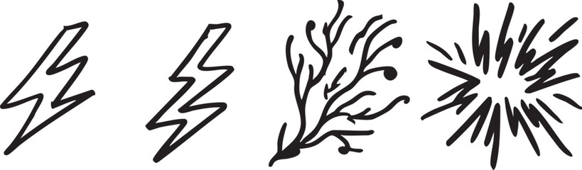 Doodle vector pack: lightning bolt, branch, and explosion hand-drawn icons eps silhouette