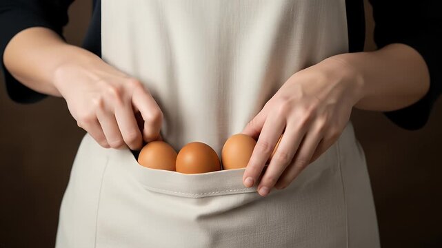 A Cook Gently Places Freshly Gathered Brown Eggs into the Pocket of a Rustic Apron
