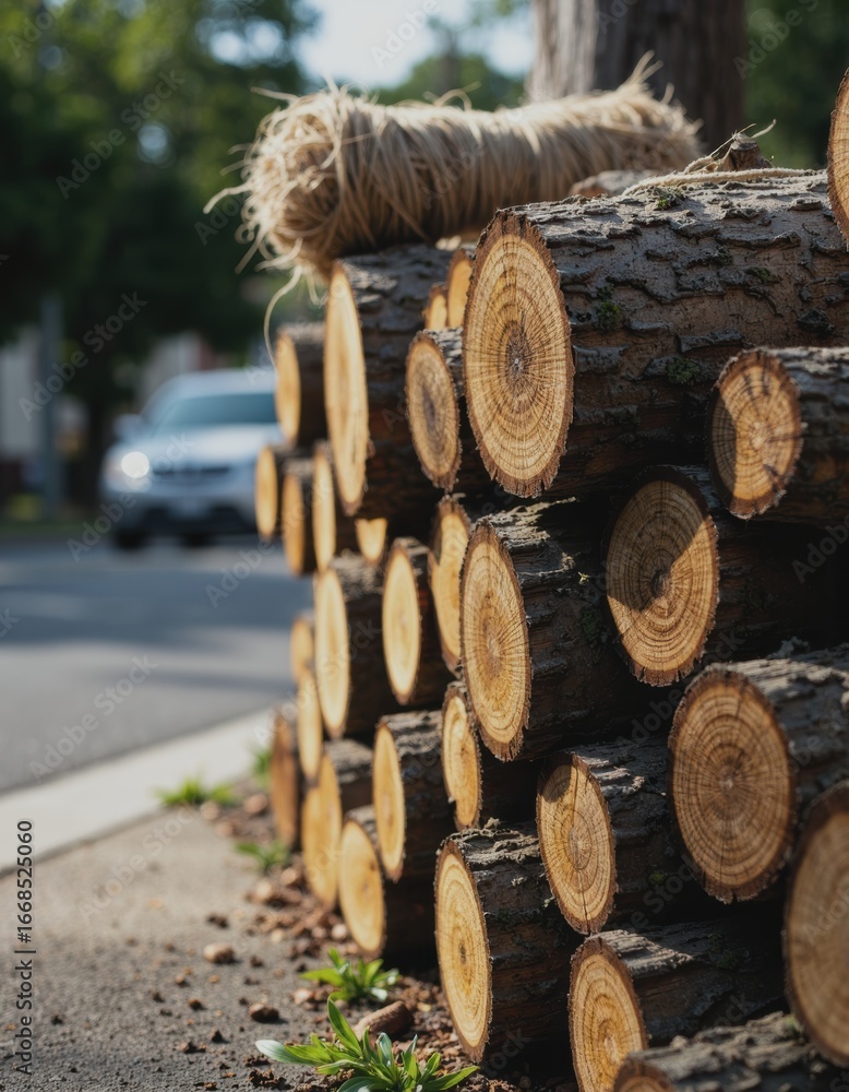 Poster stacked tree limb sections with bundled twine at curbside