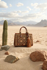 Luxurious dior embroidered handbag standing in a desert landscape with cactus and mountains