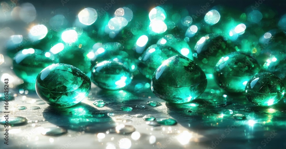 Poster vibrant emerald droplets rest upon reflective surface. bokeh lights create magical, shimmering backg