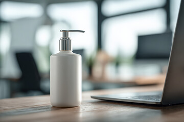 Sleek, white lotion pump bottle sits wooden desk next to laptop, creating modern and minimalistic workspace atmosphere. soft lighting enhances clean lines and elegant design of bottle