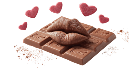 Chocolate Bar with Lips and Floating Hearts A Tempting Confectionery Delight on a Transparent Setting