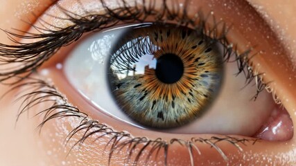 Closeup of human eye with detailed iris and long eyelashes  