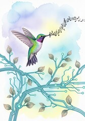 Obraz premium Watercolor hummingbird illustration with musical notes on white background
