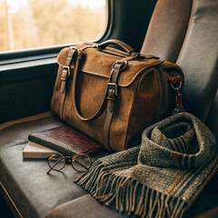 Vintage leather satchel and scarf on vintage train seat cozy autumn travel accessories
