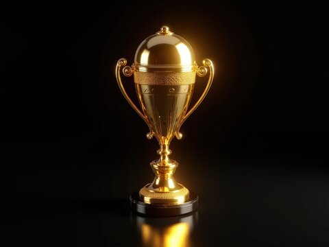 Golden cricket trophy with shiny reflections on dark background