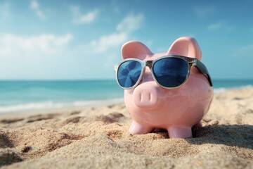 Piggy bank wearing sunglasses, beach backdrop. Sandy shore, blue sky, vacation concept