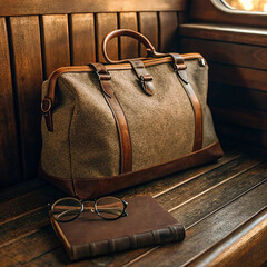 Vintage leather travel bag and sunglasses resting on wooden bench conveying nostalgia and journey
