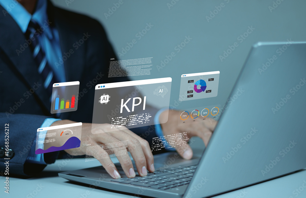 Poster businessman analyzing kpi dashboard and data analytics using ai technology, showing charts, graphs, 