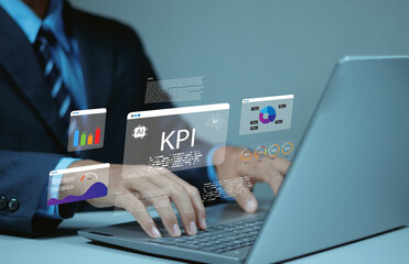 Businessman analyzing KPI dashboard and data analytics using AI technology, showing charts, graphs, and performance indicators for digital strategy, business intelligence, and data visualization.