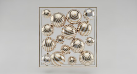 A collection of decorative spheres with gold and silver striped patterns arranged inside a thin golden frame ball ornament Christmas holiday celebration