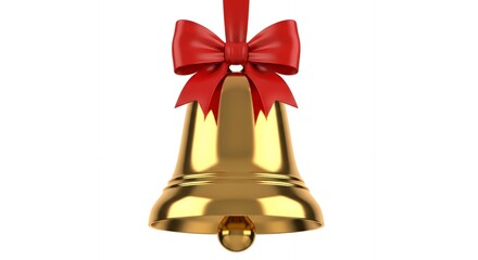 A single polished golden bell with a red ribbon and bow suspended against a white background Christmas Holiday Decoration Festive Isolated Shiny Metal