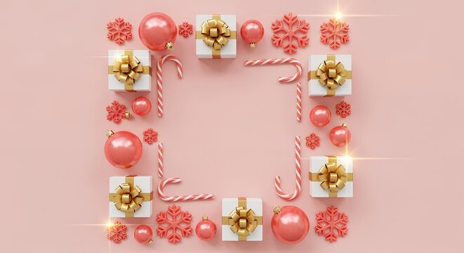 Christmas gifts and decorations arranged in a border on a pink background featuring presents candy canes baubles and snowflakes holiday ornament festive - Powered by Adobe