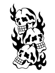 Vintage style illustration of a stack of skulls with flames.