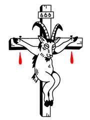 Dark illustration of a crucified goat with the number 666 and blood.